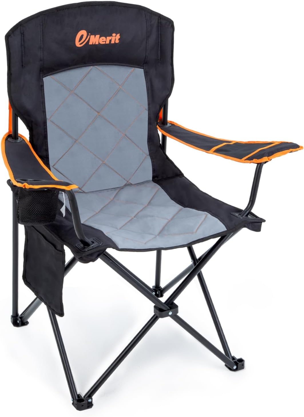 EMERIT Oversized Padded Camping Chair, 350LB Heavy Duty Quad Fold Chair with Arms, Collapsible Outdoor Chairs with Lumbar Back & Cup Holder Black