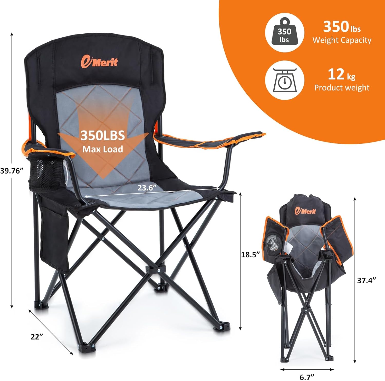 EMERIT Oversized Padded Camping Chair, 350LB Heavy Duty Quad Fold Chair with Arms, Collapsible Outdoor Chairs with Lumbar Back & Cup Holder Black - Image 3