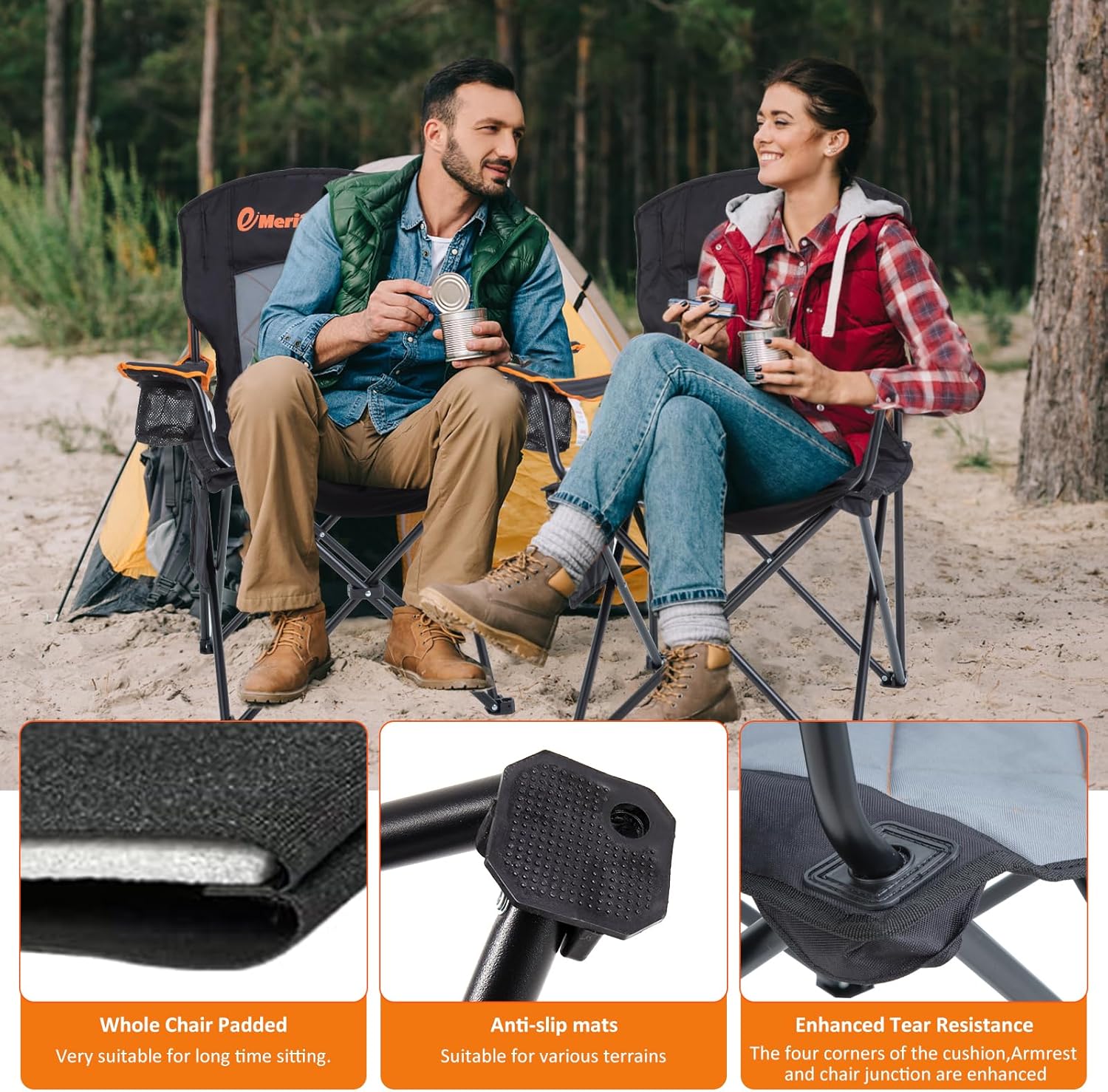 EMERIT Oversized Padded Camping Chair, 350LB Heavy Duty Quad Fold Chair with Arms, Collapsible Outdoor Chairs with Lumbar Back & Cup Holder Black - Image 5