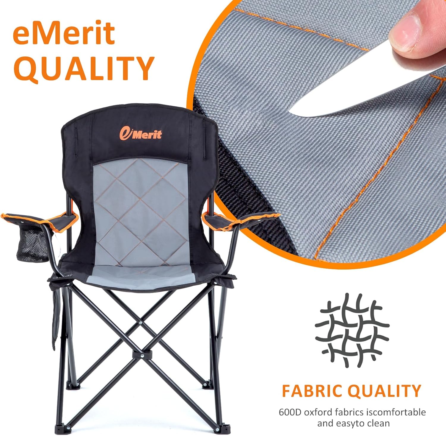 EMERIT Oversized Padded Camping Chair, 350LB Heavy Duty Quad Fold Chair with Arms, Collapsible Outdoor Chairs with Lumbar Back & Cup Holder Black - Image 6