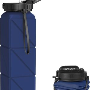 INNERNEED Collapsible Drinking Water Bottle with Straw, Reuseable Leakproof BPA Free Silicone Foldable Sports Gym Bottle, with Carrying Strap (1pack, Dark Blue)