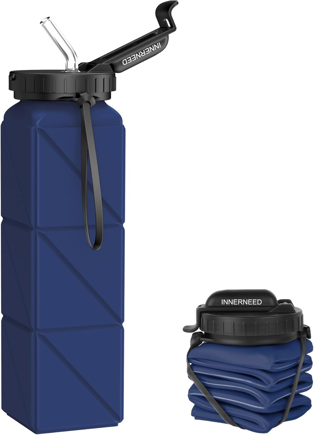 INNERNEED Collapsible Drinking Water Bottle with Straw, Reuseable Leakproof BPA Free Silicone Foldable Sports Gym Bottle, with Carrying Strap (1pack, Dark Blue)