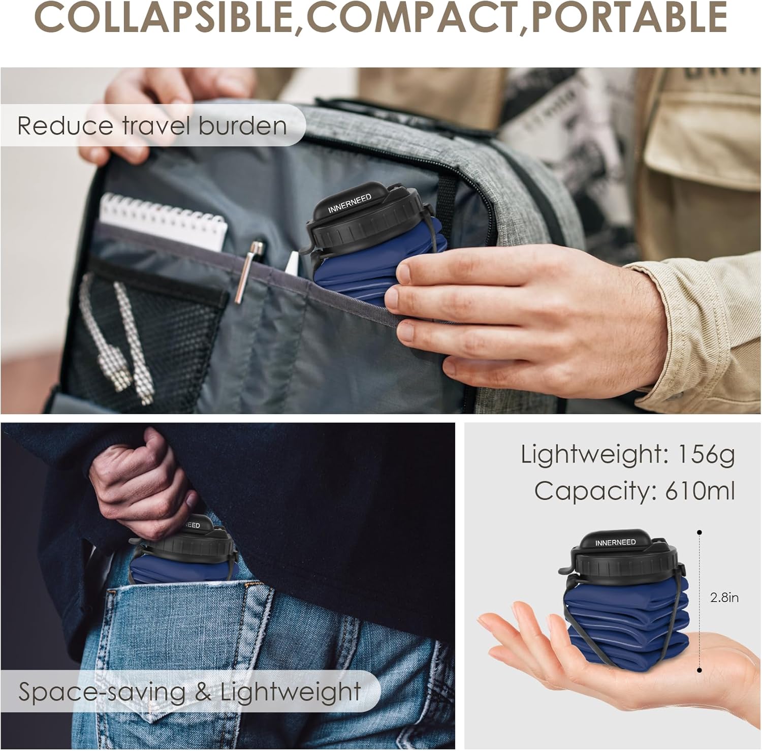 INNERNEED Collapsible Drinking Water Bottle with Straw, Reuseable Leakproof BPA Free Silicone Foldable Sports Gym Bottle, with Carrying Strap (1pack, Dark Blue) - Image 2