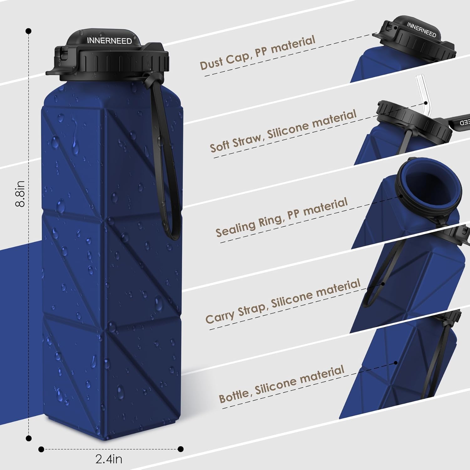 INNERNEED Collapsible Drinking Water Bottle with Straw, Reuseable Leakproof BPA Free Silicone Foldable Sports Gym Bottle, with Carrying Strap (1pack, Dark Blue) - Image 3