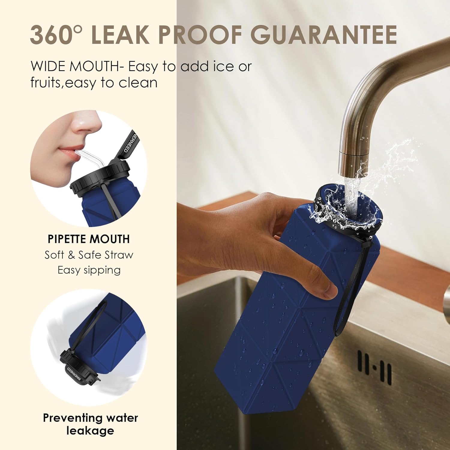 INNERNEED Collapsible Drinking Water Bottle with Straw, Reuseable Leakproof BPA Free Silicone Foldable Sports Gym Bottle, with Carrying Strap (1pack, Dark Blue) - Image 6
