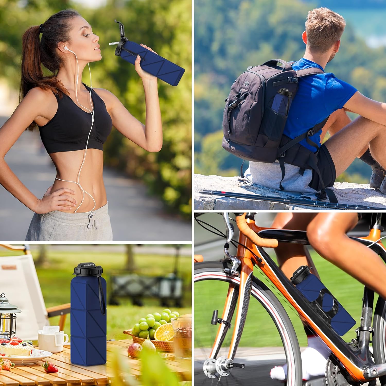 INNERNEED Collapsible Drinking Water Bottle with Straw, Reuseable Leakproof BPA Free Silicone Foldable Sports Gym Bottle, with Carrying Strap (1pack, Dark Blue) - Image 7