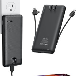 VRURC Portable Charger with Wall Plug, 10000mAh Slim Portable Charger Built in Cables,PD 20W Fast Charging Power Bank with Cords,USB C Portable Phone Charger Travel Accessories -Black(1 Pack)